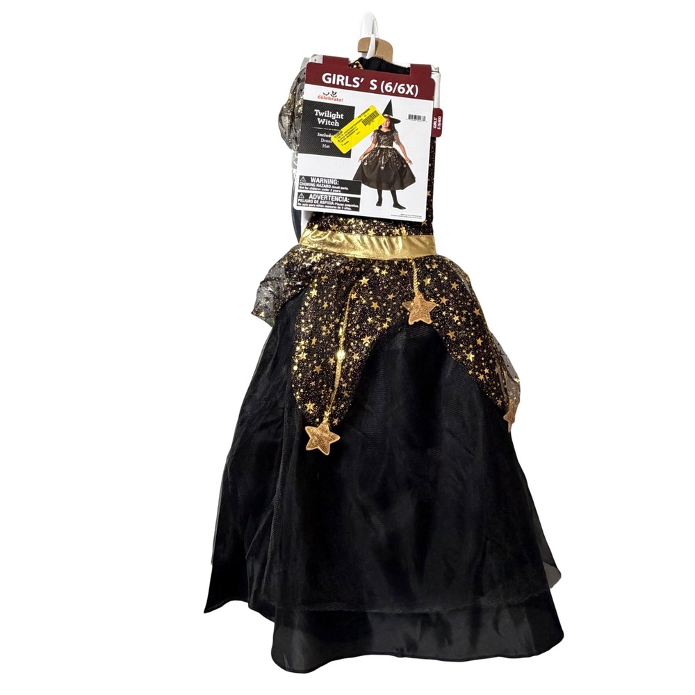 Way to Celebrate Girls Twilight Witch Costume Black Gold Stars Size 6/6X NWT